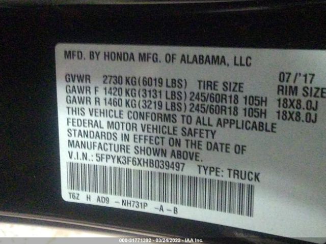 Photo 8 VIN: 5FPYK3F6XHB039497 - HONDA RIDGELINE 