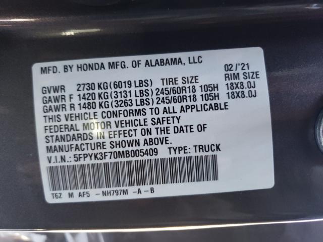 Photo 9 VIN: 5FPYK3F70MB005409 - HONDA RIDGELINE 