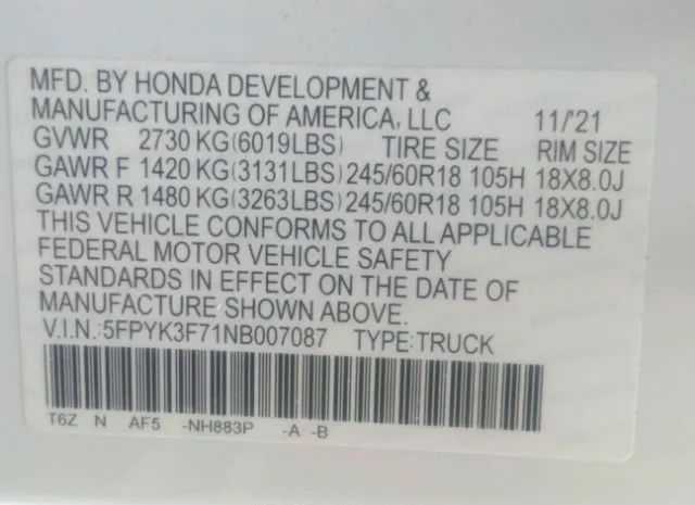 Photo 8 VIN: 5FPYK3F71NB007087 - HONDA RIDGELINE 