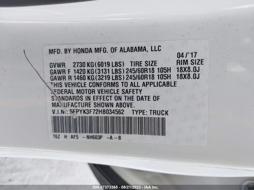 Photo 8 VIN: 5FPYK3F72HB034562 - HONDA RIDGELINE 