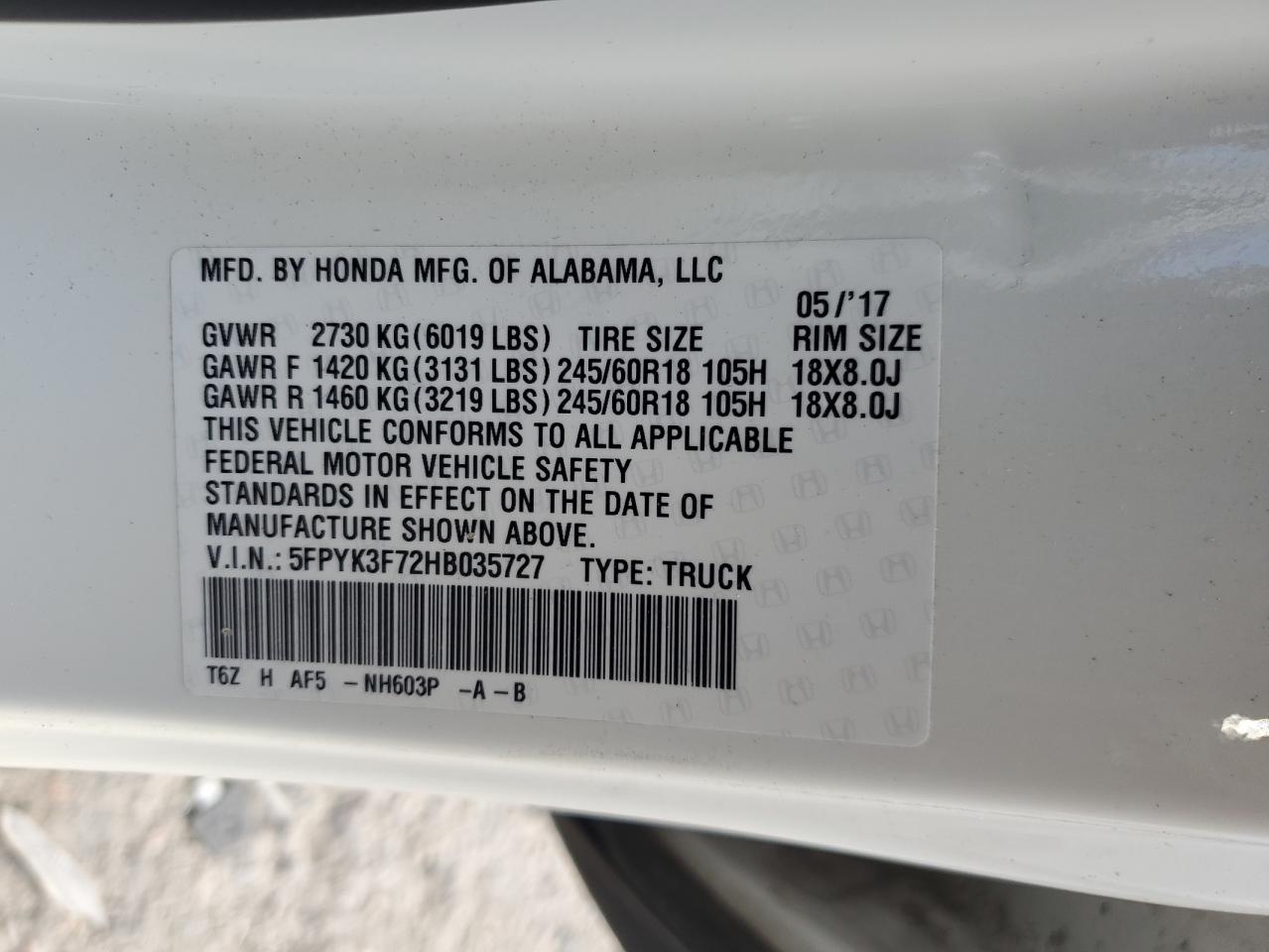 Photo 11 VIN: 5FPYK3F72HB035727 - HONDA RIDGELINE 