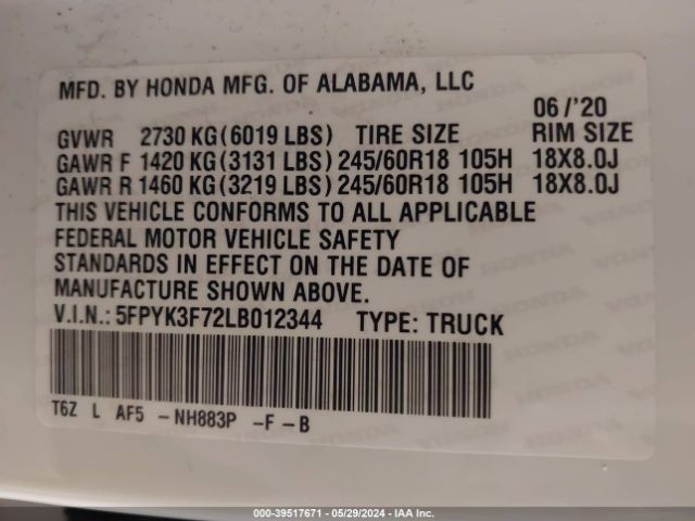 Photo 8 VIN: 5FPYK3F72LB012344 - HONDA RIDGELINE 