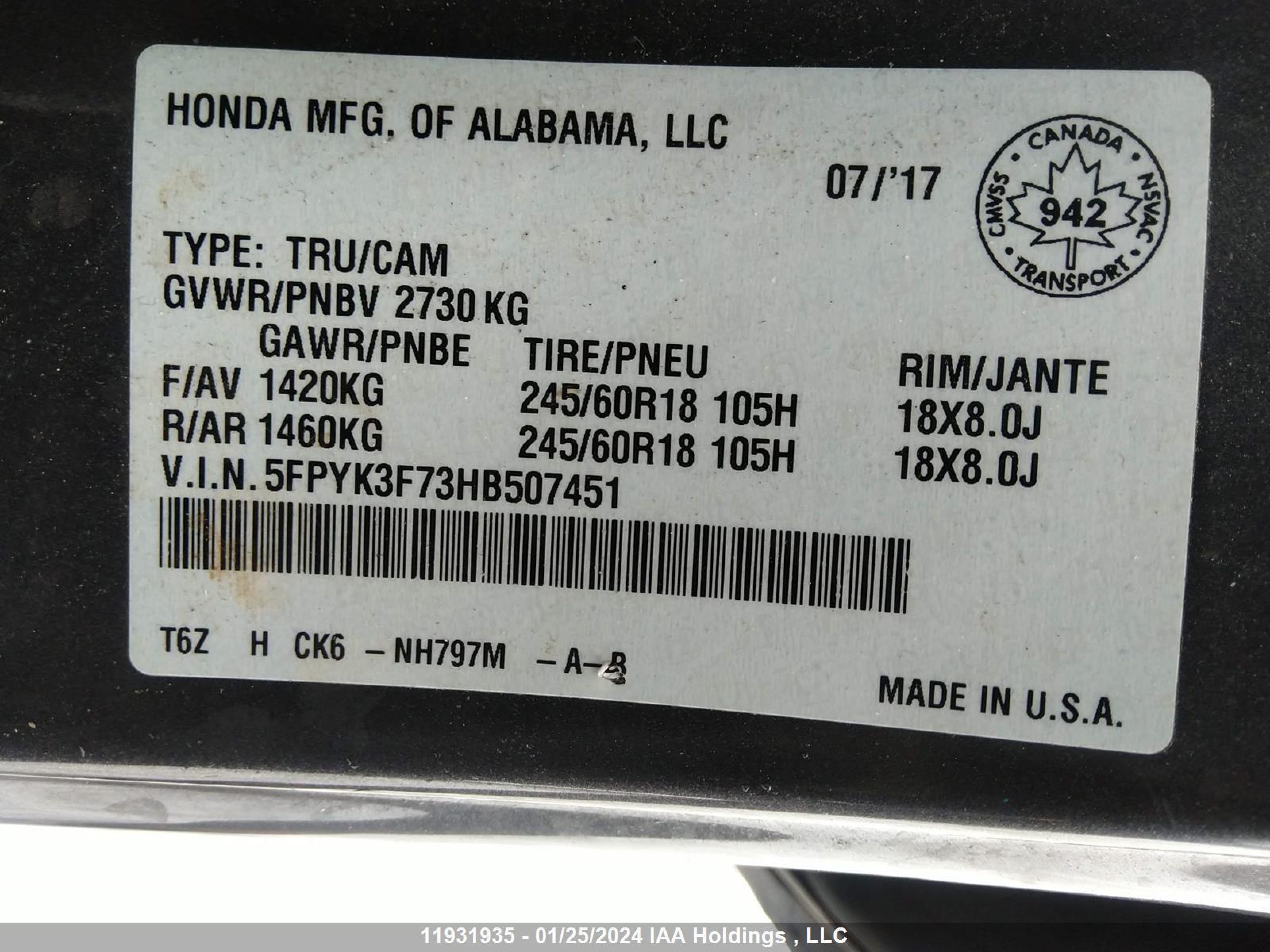 Photo 8 VIN: 5FPYK3F73HB507451 - HONDA RIDGELINE 