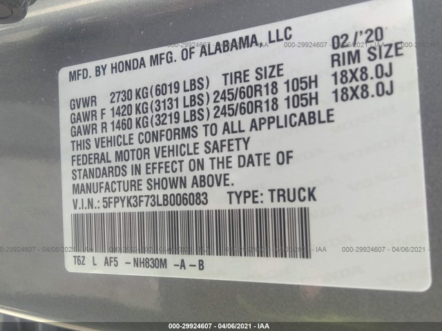 Photo 8 VIN: 5FPYK3F73LB006083 - HONDA RIDGELINE 