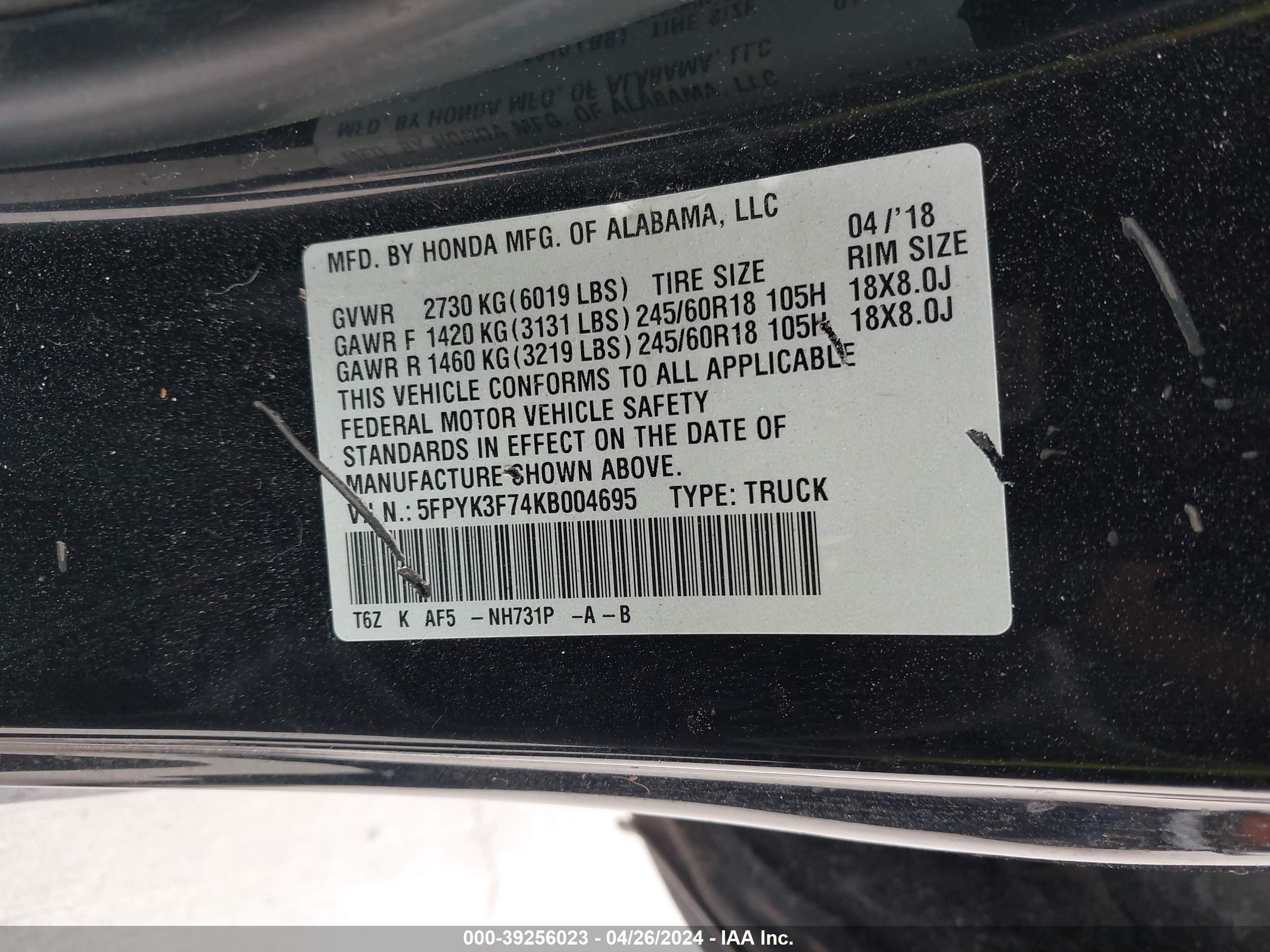 Photo 8 VIN: 5FPYK3F74KB004695 - HONDA RIDGELINE 