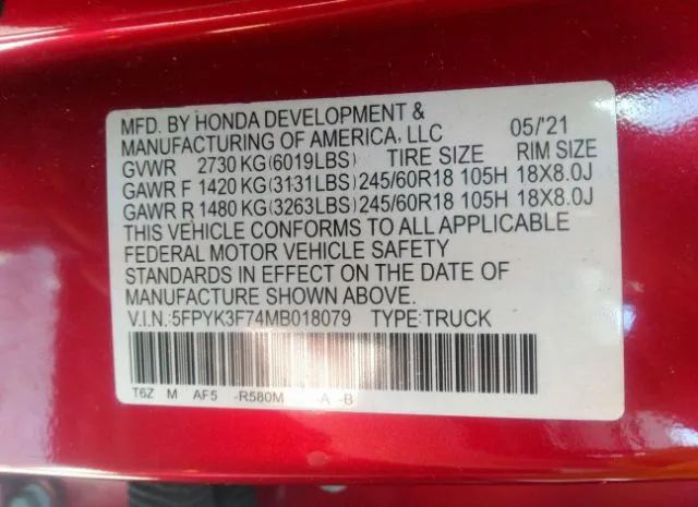 Photo 8 VIN: 5FPYK3F74MB018079 - HONDA RIDGELINE 