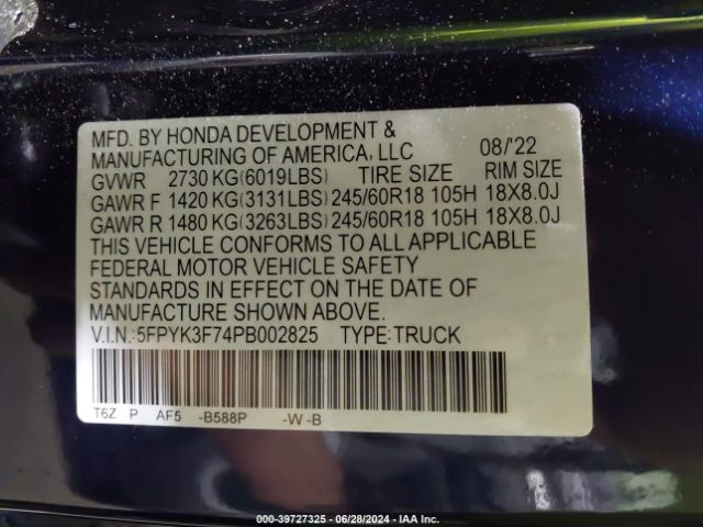 Photo 8 VIN: 5FPYK3F74PB002825 - HONDA RIDGELINE 