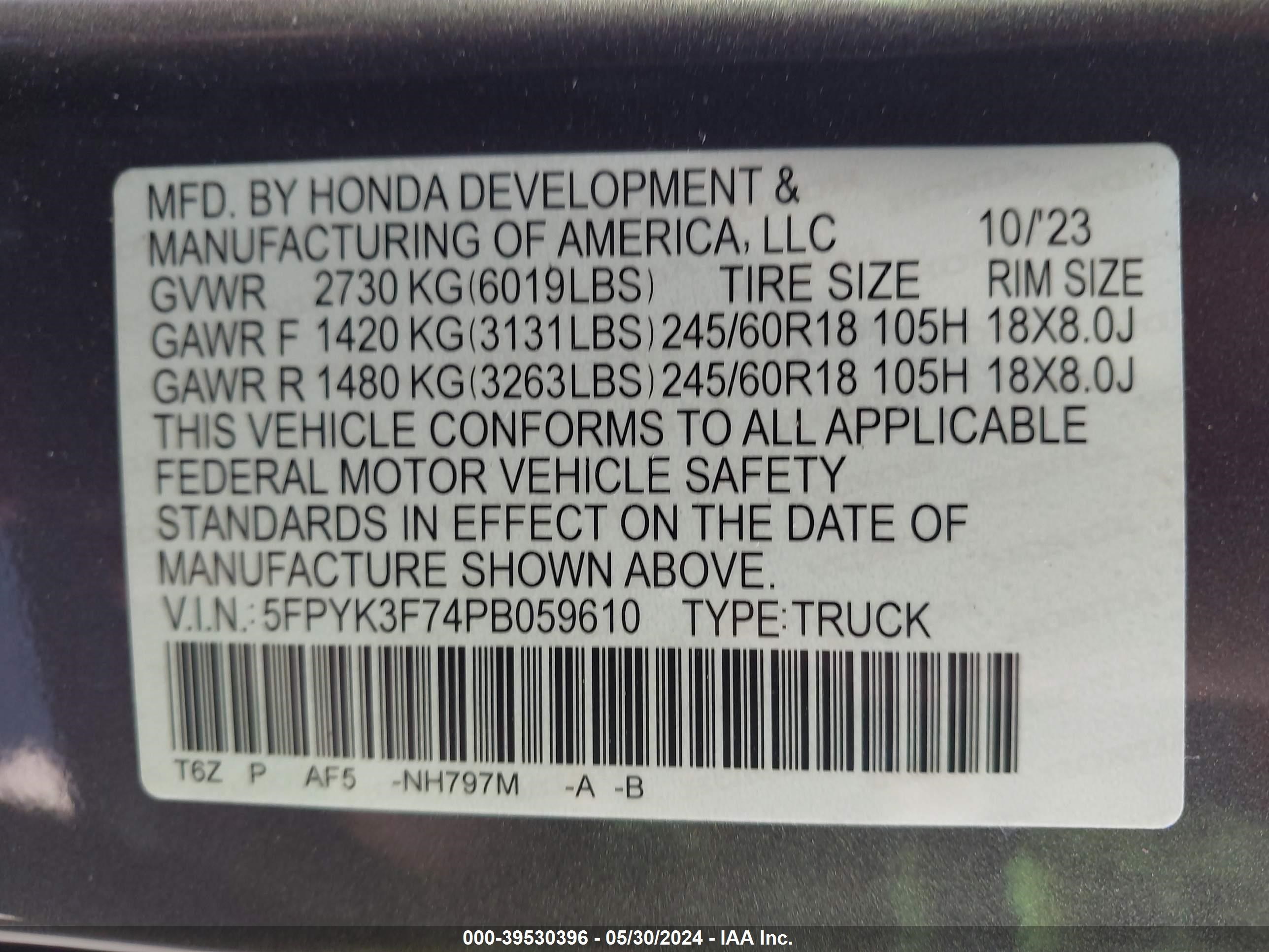 Photo 8 VIN: 5FPYK3F74PB059610 - HONDA RIDGELINE 