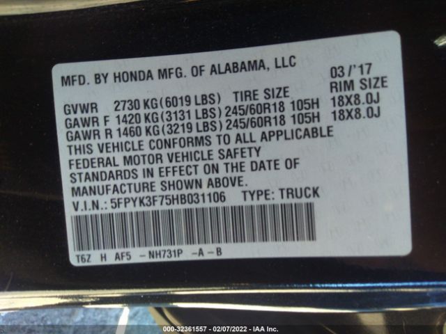 Photo 8 VIN: 5FPYK3F75HB031106 - HONDA RIDGELINE 