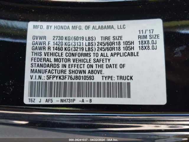 Photo 8 VIN: 5FPYK3F76JB010593 - HONDA RIDGELINE 