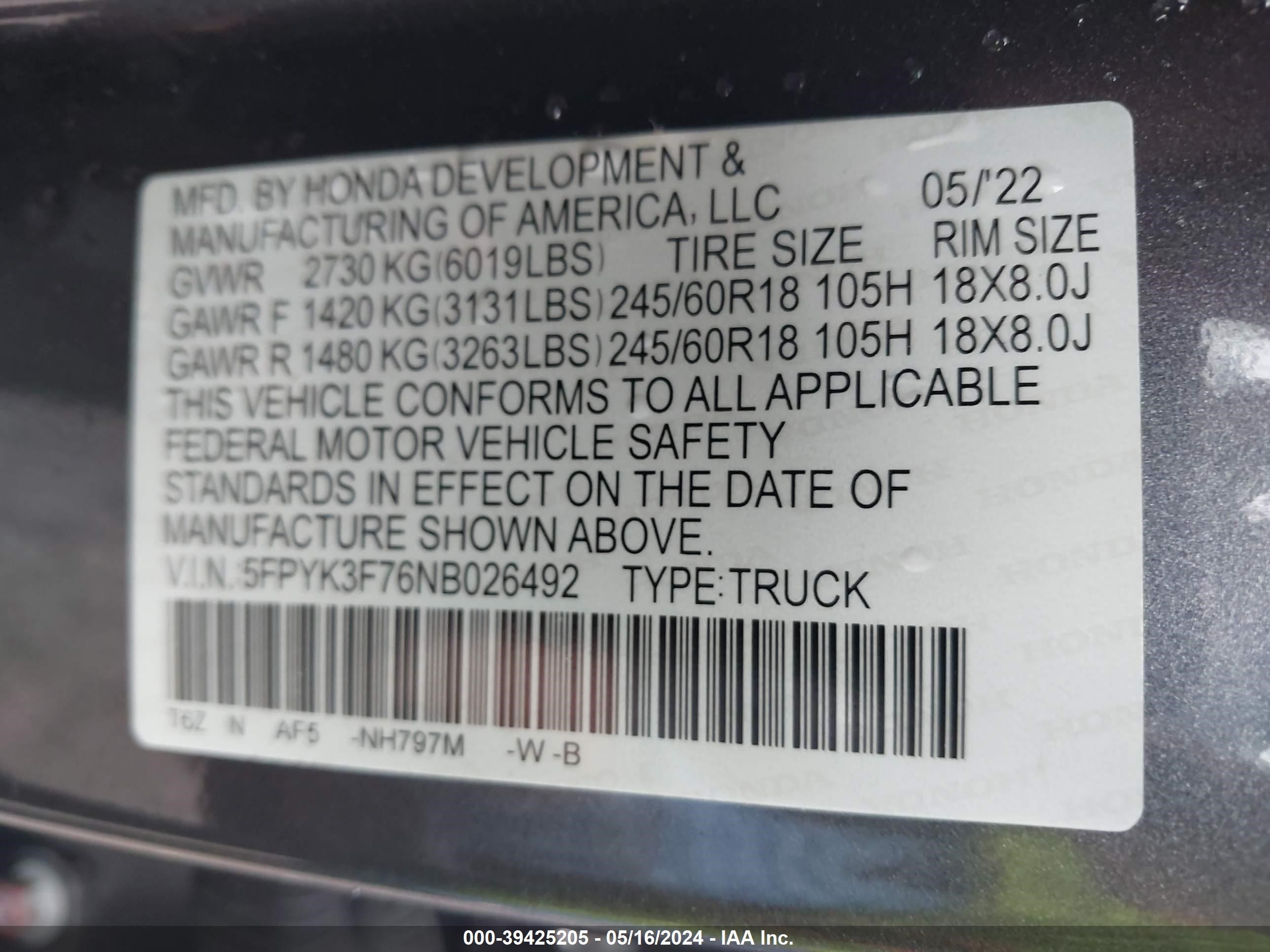 Photo 7 VIN: 5FPYK3F76NB026492 - HONDA RIDGELINE 