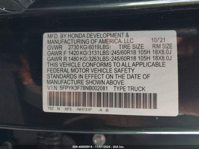 Photo 8 VIN: 5FPYK3F78NB002081 - HONDA RIDGELINE 