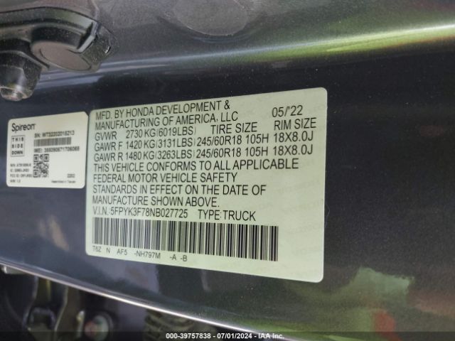 Photo 8 VIN: 5FPYK3F78NB027725 - HONDA RIDGELINE 