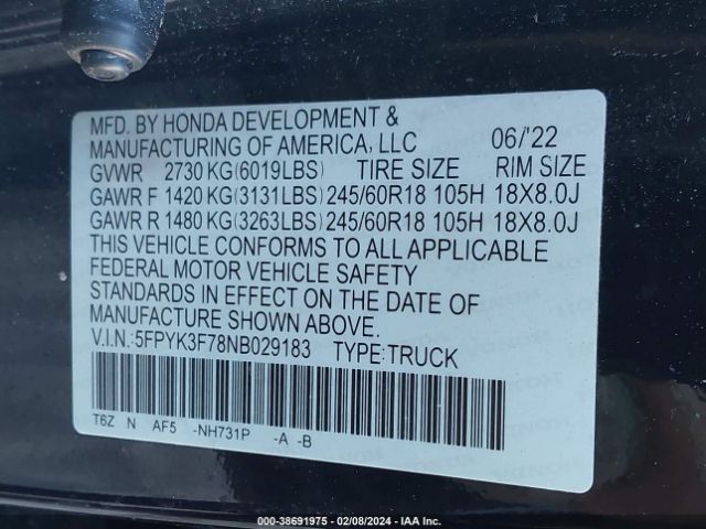 Photo 8 VIN: 5FPYK3F78NB029183 - HONDA RIDGELINE 