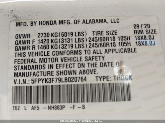 Photo 8 VIN: 5FPYK3F79LB020764 - HONDA RIDGELINE 