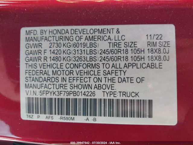 Photo 8 VIN: 5FPYK3F79PB014226 - HONDA RIDGELINE 