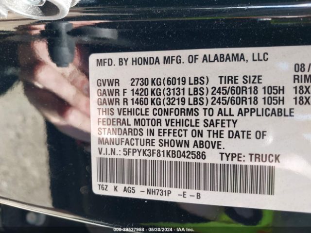 Photo 8 VIN: 5FPYK3F81KB042586 - HONDA RIDGELINE 