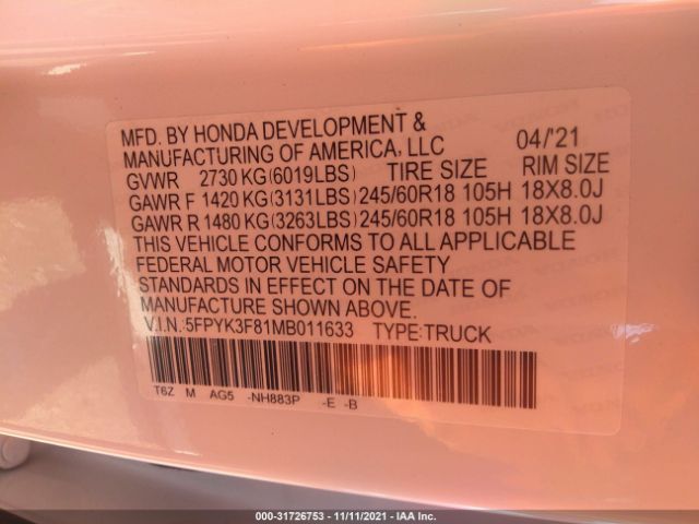 Photo 8 VIN: 5FPYK3F81MB011633 - HONDA RIDGELINE 