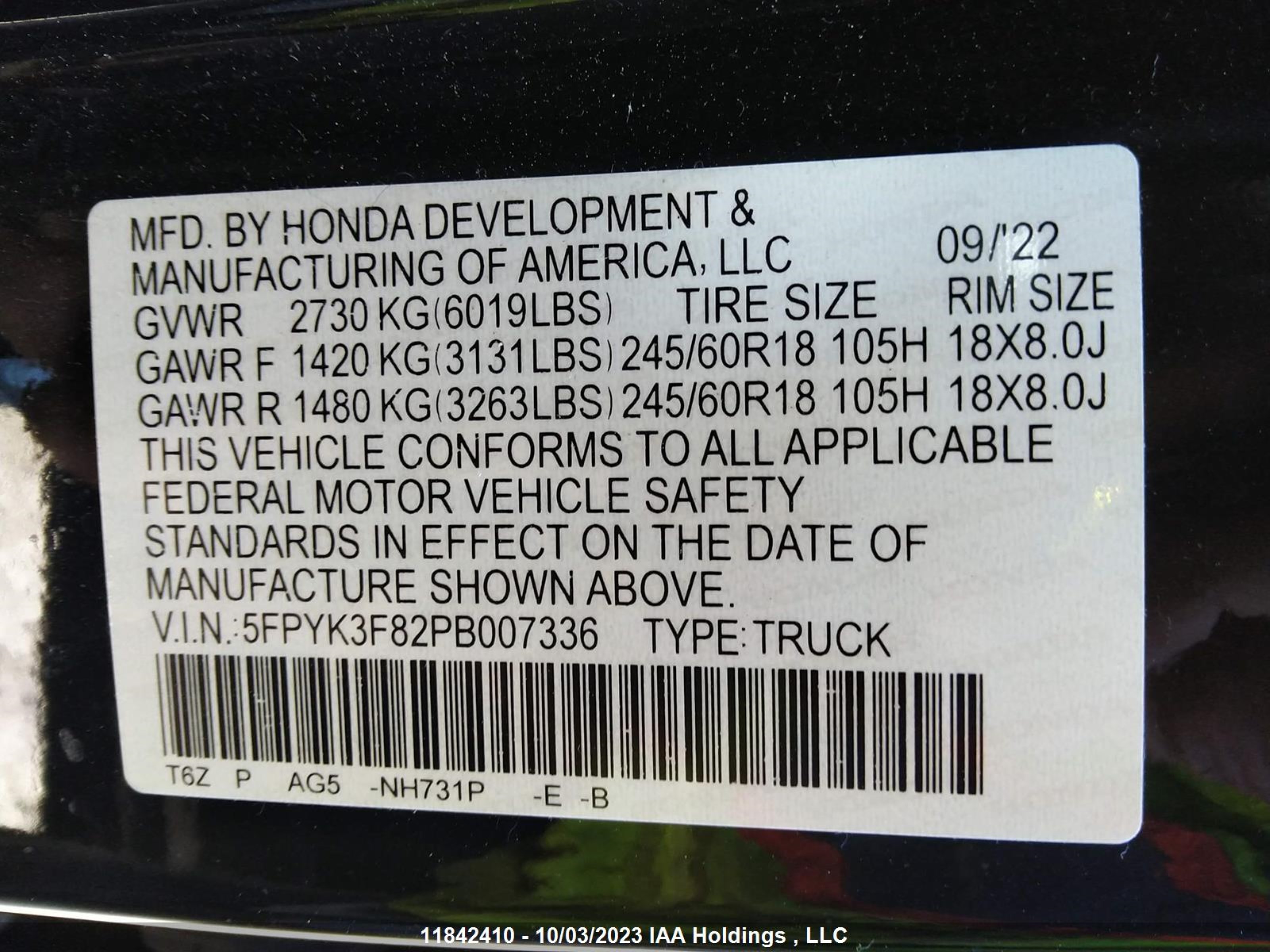 Photo 8 VIN: 5FPYK3F82PB007336 - HONDA RIDGELINE 