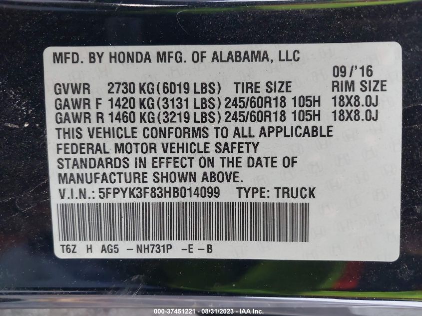 Photo 8 VIN: 5FPYK3F83HB014099 - HONDA RIDGELINE 