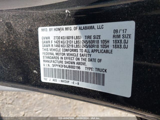 Photo 8 VIN: 5FPYK3F84JB003196 - HONDA RIDGELINE 