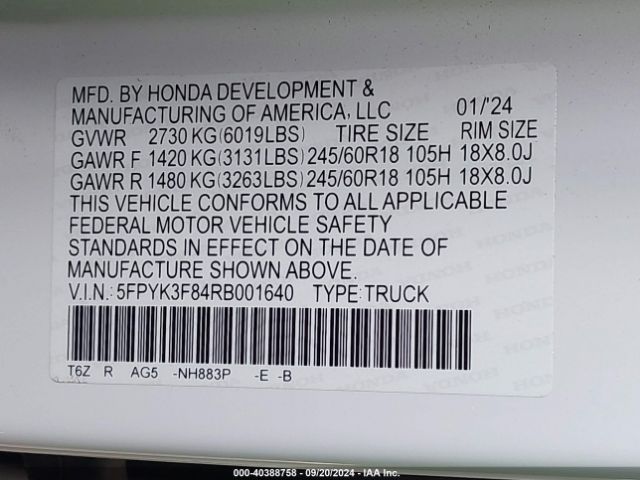 Photo 8 VIN: 5FPYK3F84RB001640 - HONDA RIDGELINE 