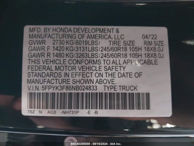 Photo 8 VIN: 5FPYK3F86NB024833 - HONDA RIDGELINE 