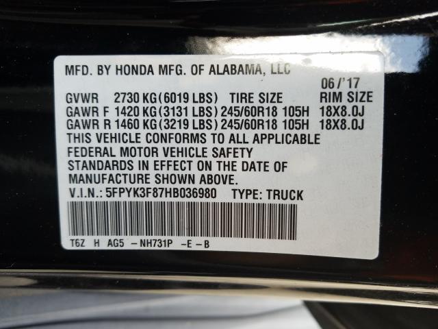 Photo 9 VIN: 5FPYK3F87HB036980 - HONDA RIDGELINE 