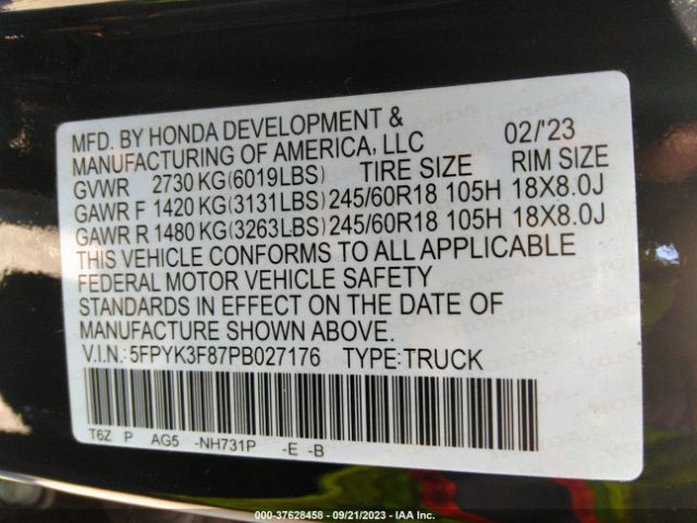 Photo 8 VIN: 5FPYK3F87PB027176 - HONDA RIDGELINE 