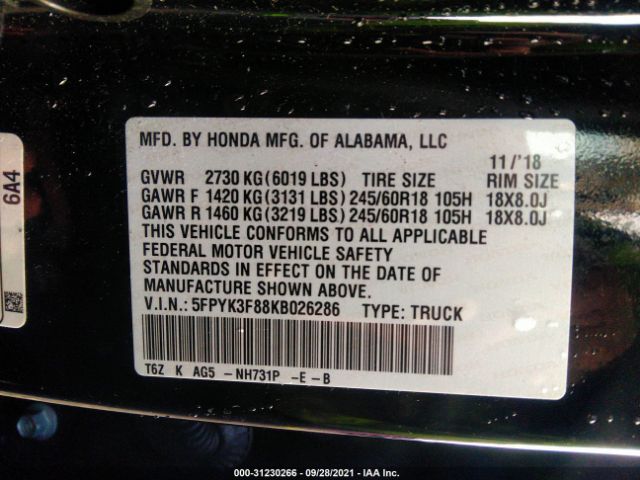 Photo 8 VIN: 5FPYK3F88KB026286 - HONDA RIDGELINE 