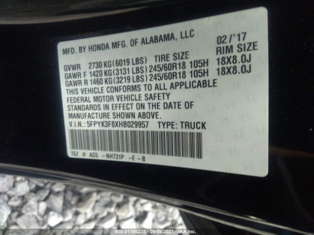 Photo 8 VIN: 5FPYK3F8XHB029957 - HONDA RIDGELINE 