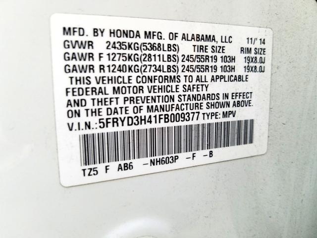 Photo 9 VIN: 5FRYD3H41FB009377 - ACURA MDX TECHNO 