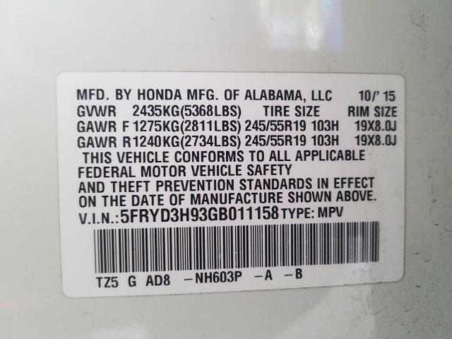 Photo 9 VIN: 5FRYD3H93GB011158 - ACURA MDX ADVANC 