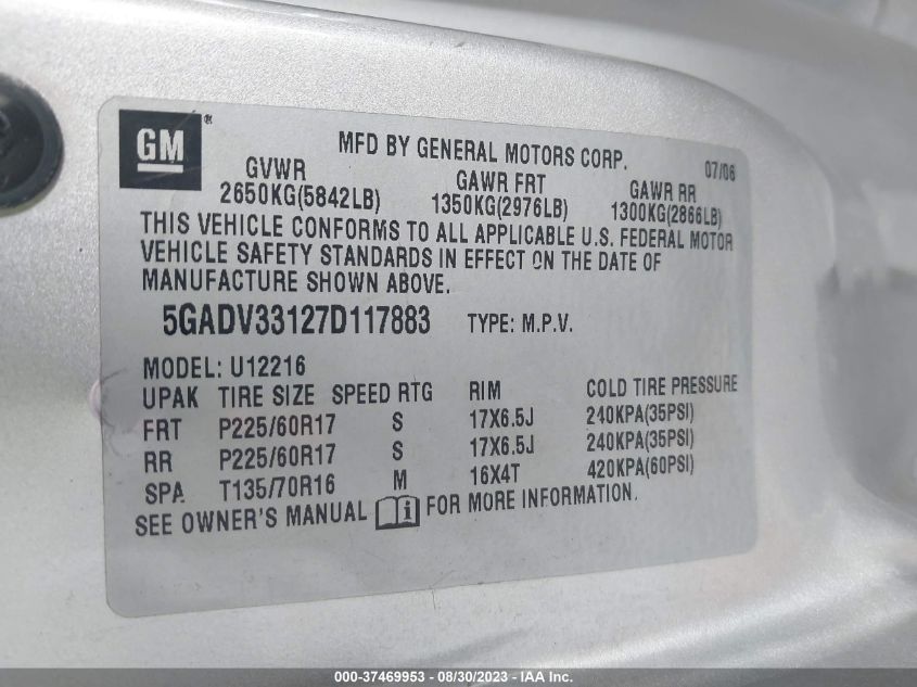 Photo 8 VIN: 5GADV33127D117883 - BUICK TERRAZA 