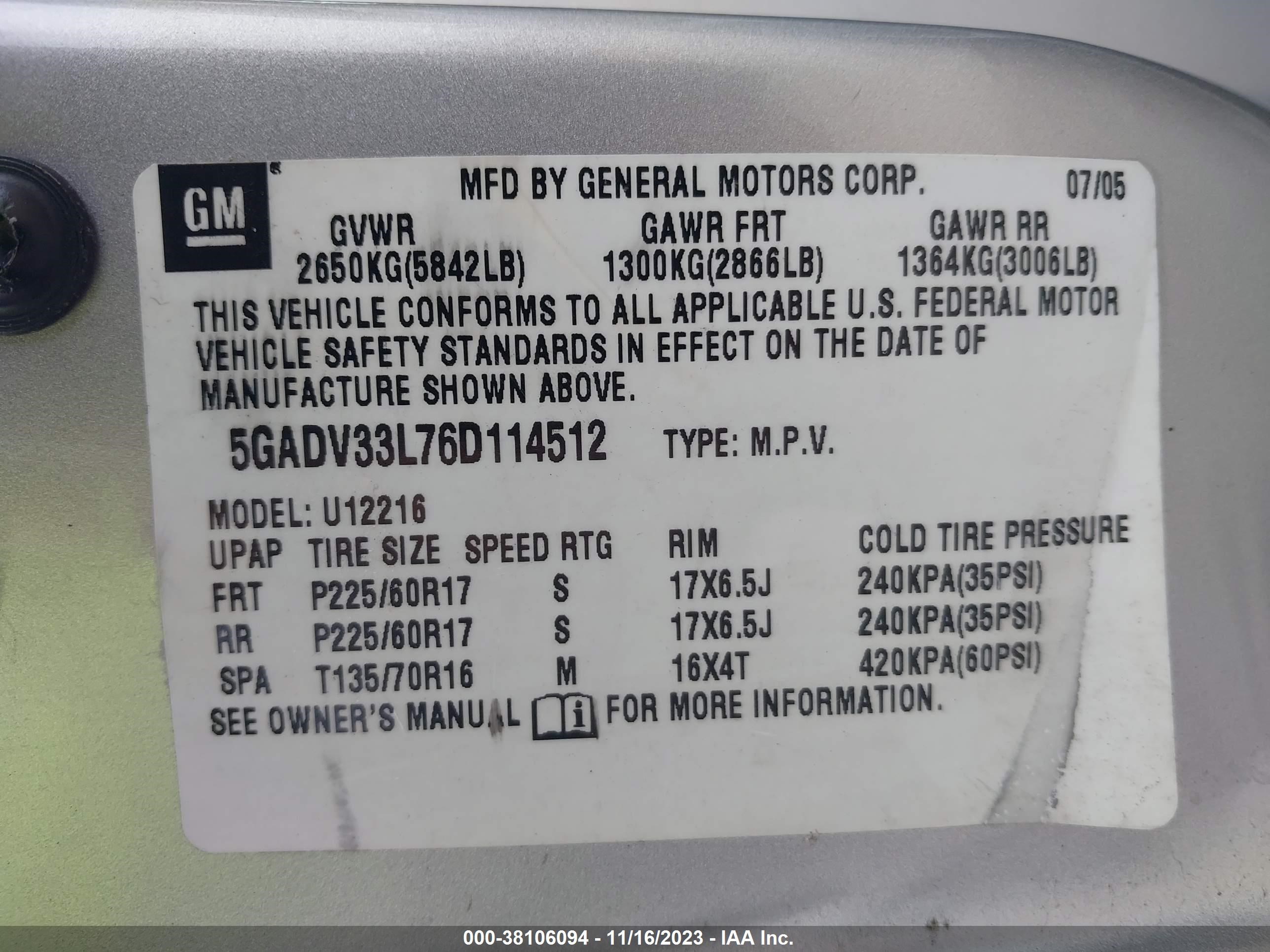 Photo 8 VIN: 5GADV33L76D114512 - BUICK TERRAZA 