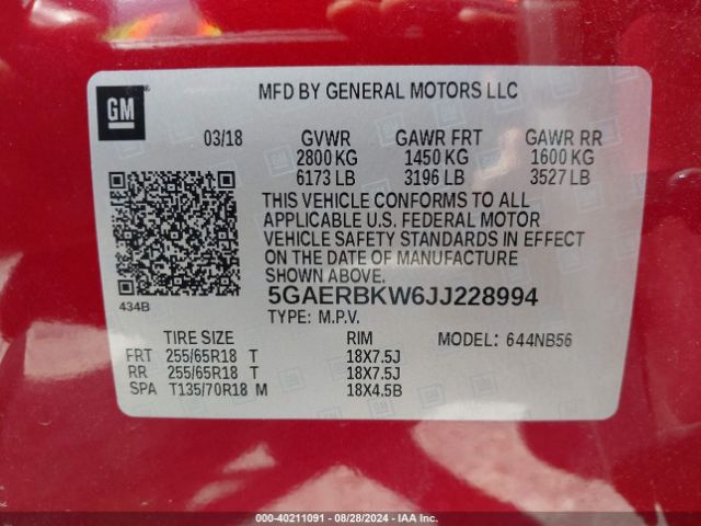 Photo 8 VIN: 5GAERBKW6JJ228994 - BUICK ENCLAVE 