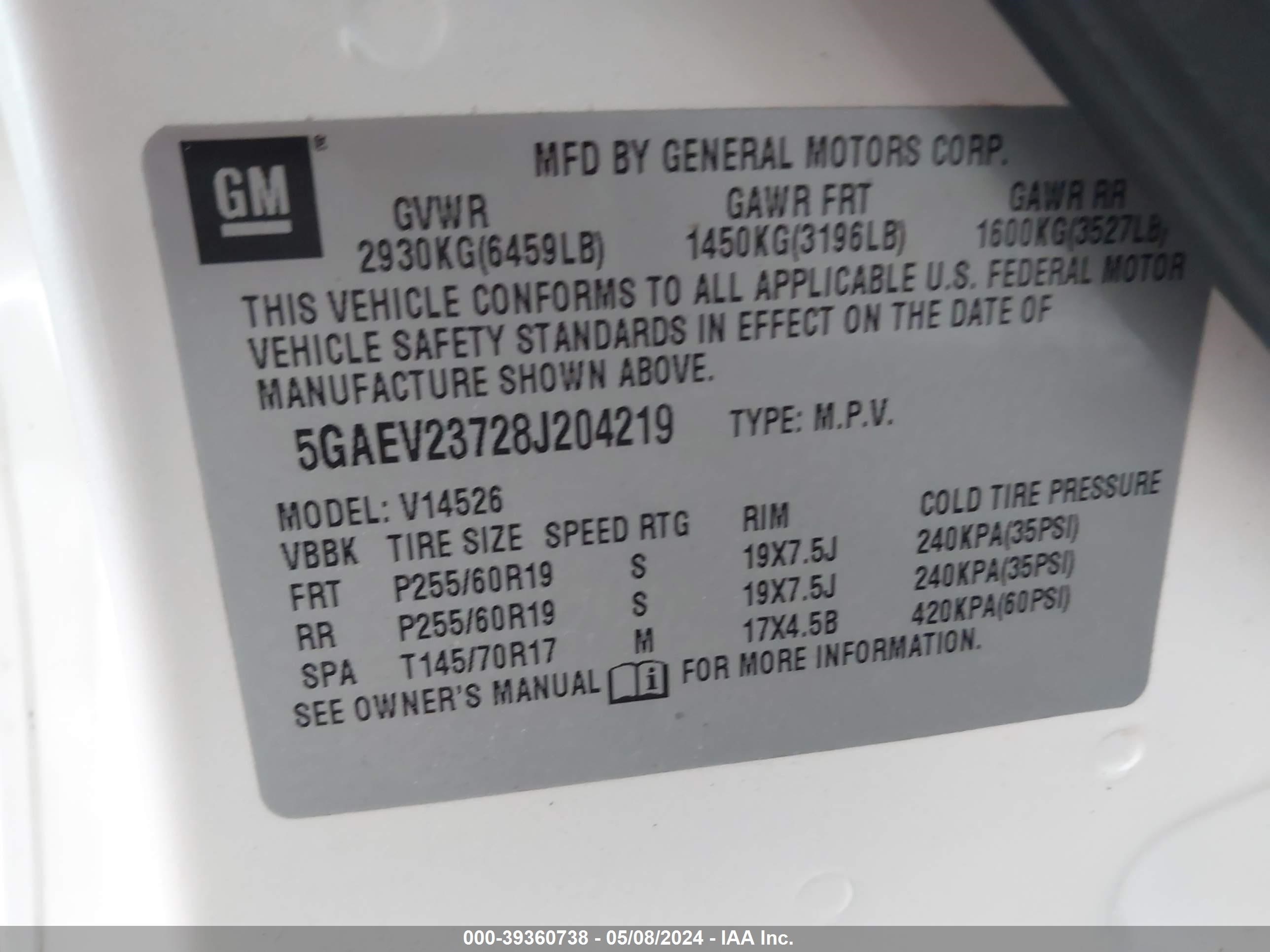 Photo 8 VIN: 5GAEV23728J204219 - BUICK ENCLAVE 