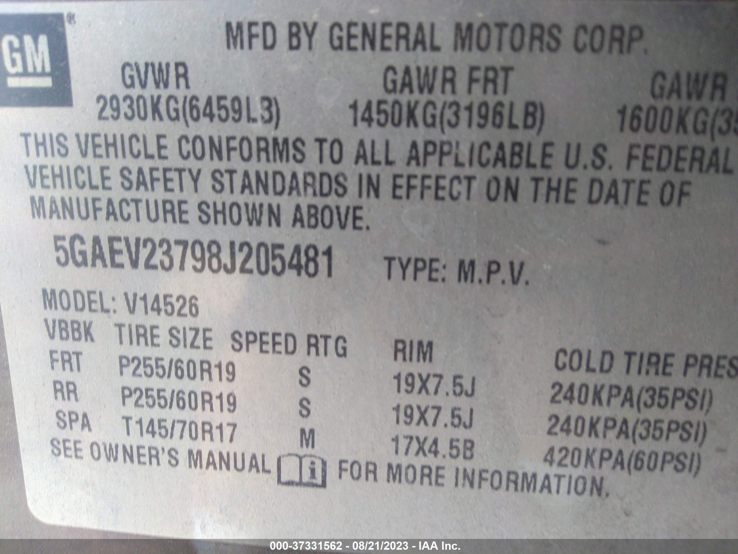 Photo 8 VIN: 5GAEV23798J205481 - BUICK ENCLAVE 