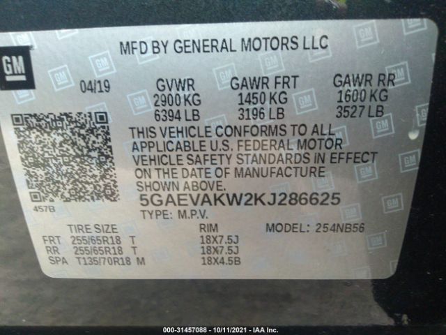 Photo 8 VIN: 5GAEVAKW2KJ286625 - BUICK ENCLAVE 