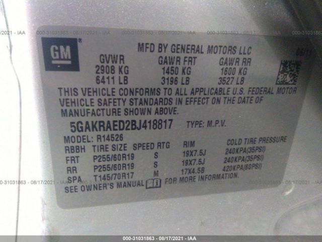 Photo 8 VIN: 5GAKRAED2BJ418817 - BUICK ENCLAVE 