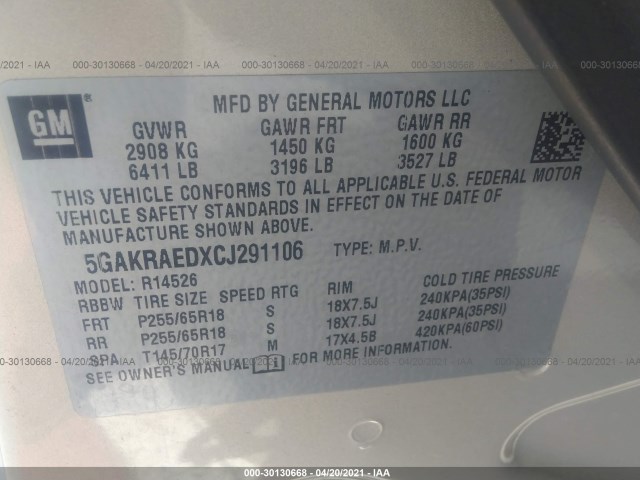 Photo 8 VIN: 5GAKRAEDXCJ291106 - BUICK ENCLAVE 