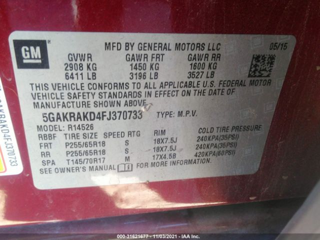 Photo 8 VIN: 5GAKRAKD4FJ370733 - BUICK ENCLAVE 