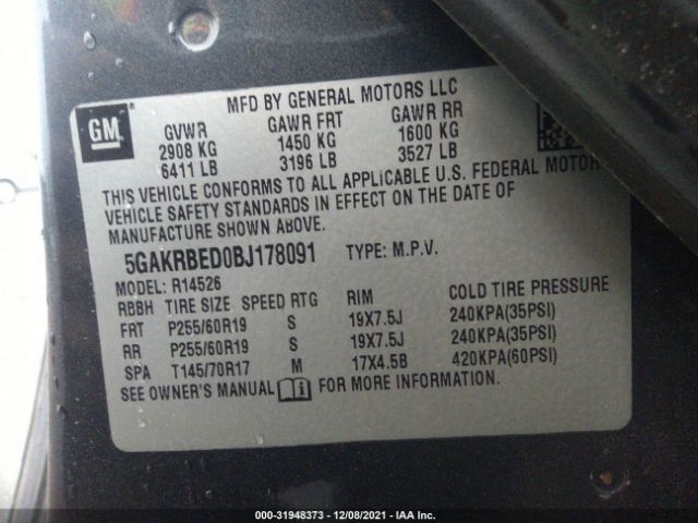 Photo 8 VIN: 5GAKRBED0BJ178091 - BUICK ENCLAVE 