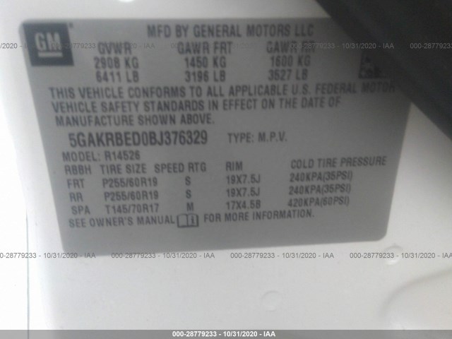 Photo 8 VIN: 5GAKRBED0BJ376329 - BUICK ENCLAVE 