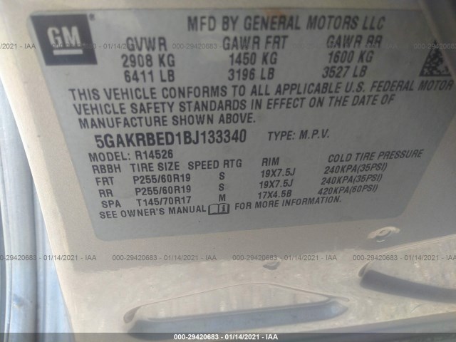 Photo 8 VIN: 5GAKRBED1BJ133340 - BUICK ENCLAVE 