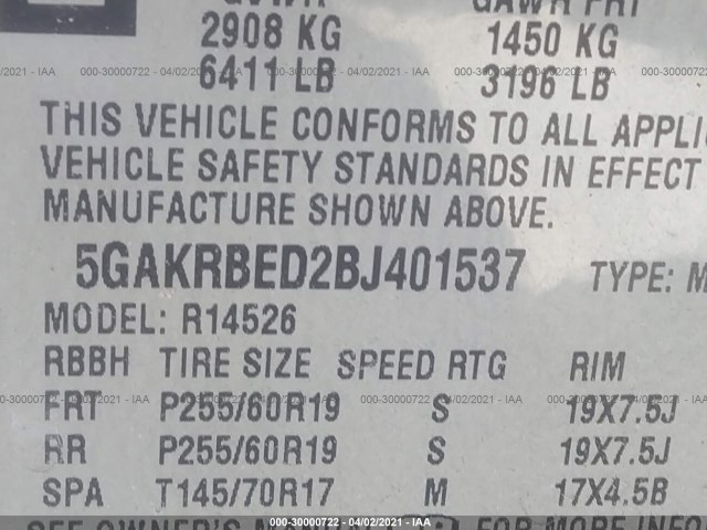 Photo 8 VIN: 5GAKRBED2BJ401537 - BUICK ENCLAVE 