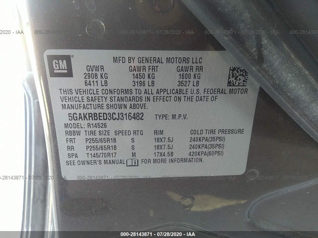 Photo 8 VIN: 5GAKRBED3CJ316482 - BUICK ENCLAVE 