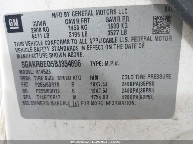 Photo 8 VIN: 5GAKRBED5BJ354696 - BUICK ENCLAVE 