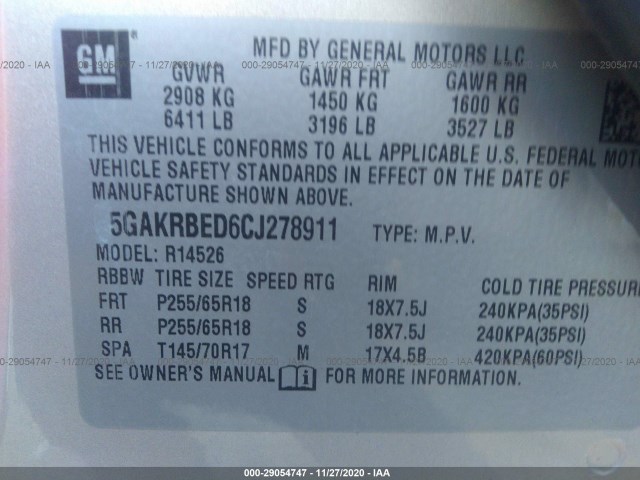 Photo 8 VIN: 5GAKRBED6CJ278911 - BUICK ENCLAVE 