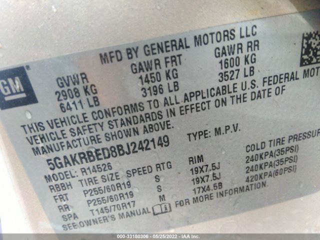 Photo 8 VIN: 5GAKRBED8BJ242149 - BUICK ENCLAVE 